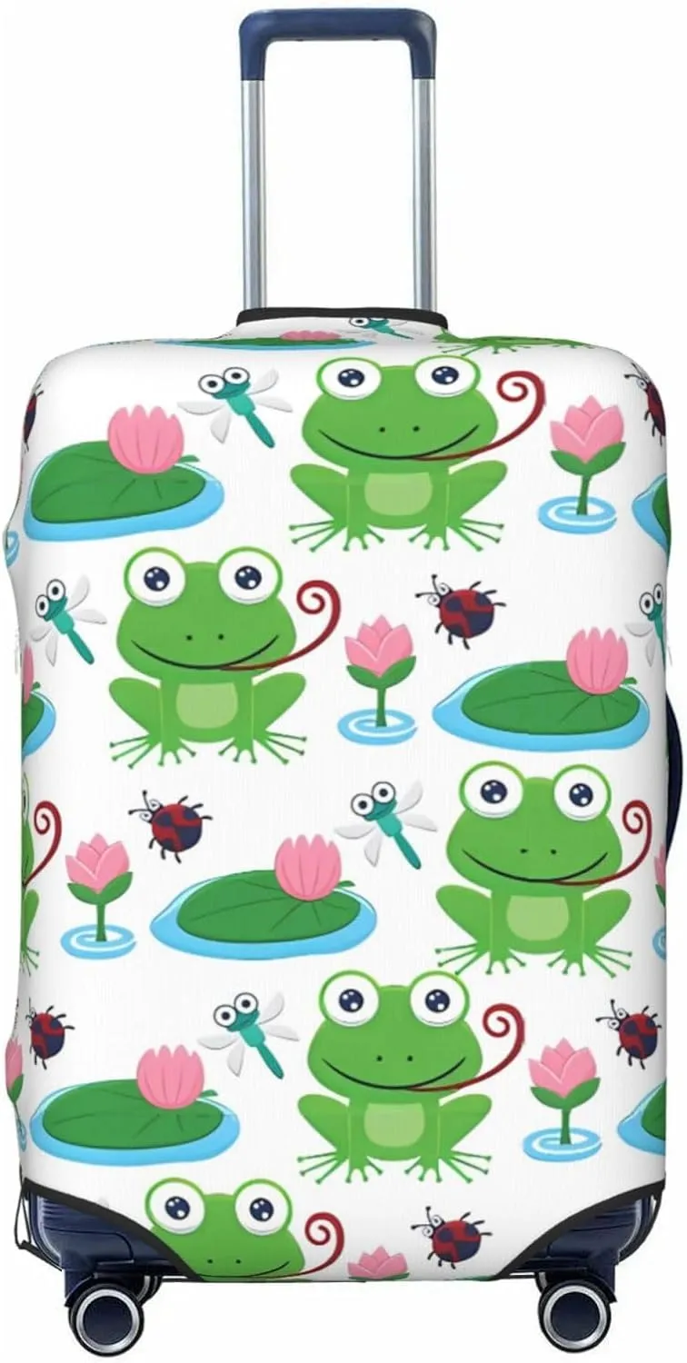 Travel Luggage Cover Suitcase Stretch Washable Cartoon Funny Frogs Dragonfly Suitcase Protector Bag,Spandex Double-Sided Baggage Covers,Large