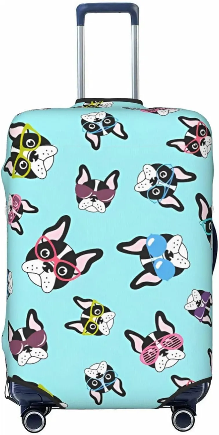 Travel Luggage Cover Suitcase Stretch Washable Cute French Bulldogs With Glasses Suitcase Protector Bag,Spandex Double-Sided Baggage Covers,X-Large