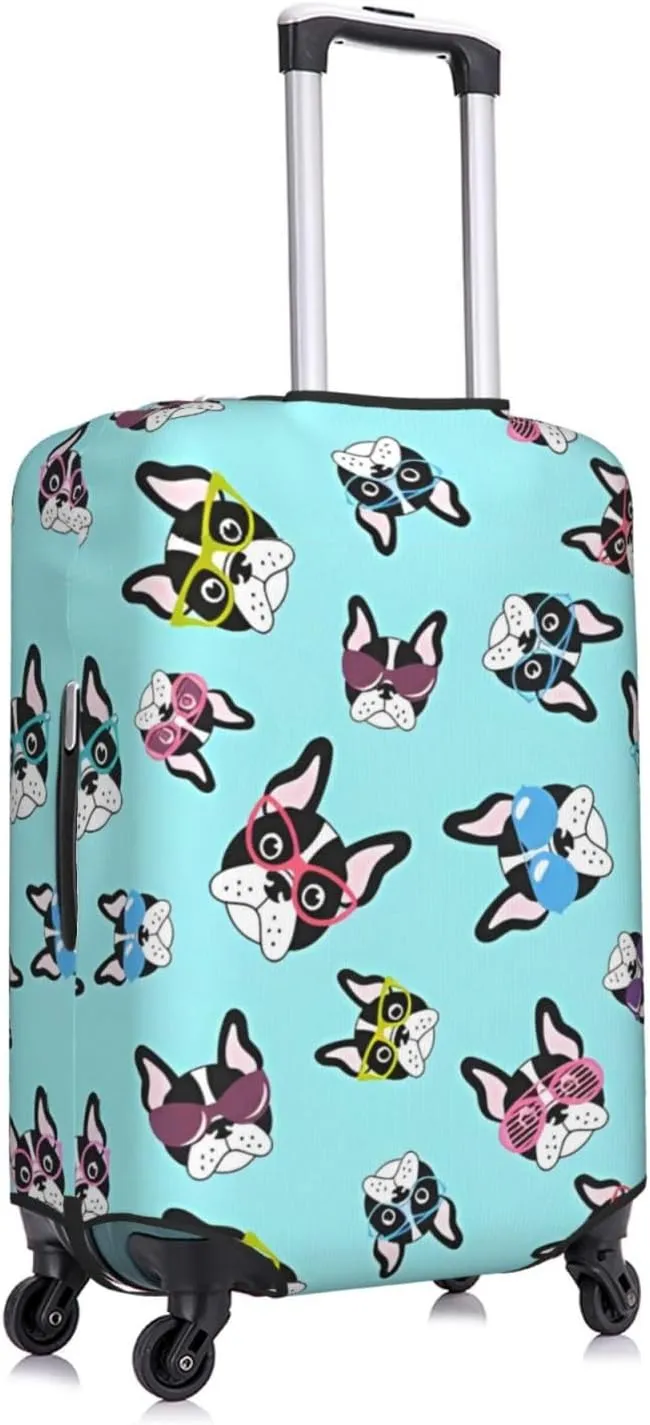 Travel Luggage Cover Suitcase Stretch Washable Cute French Bulldogs With Glasses Suitcase Protector Bag,Spandex Double-Sided Baggage Covers,X-Large