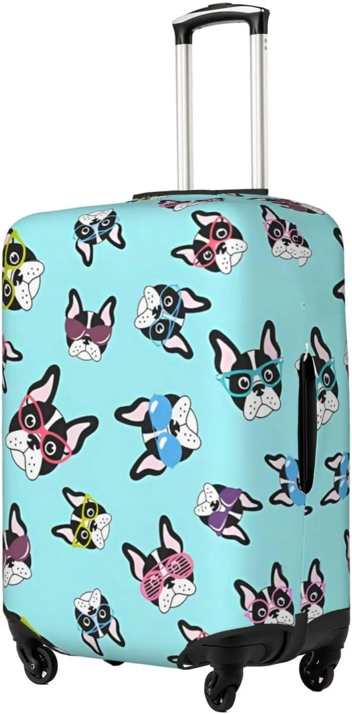 Travel Luggage Cover Suitcase Stretch Washable Cute French Bulldogs With Glasses Suitcase Protector Bag,Spandex Double-Sided Baggage Covers,X-Large