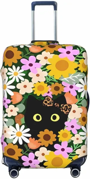 Travel Luggage Cover Suitcase Stretch Washable Flowers Black Cat Suitcase Protector Bag,Anti-Scratch With Zipper Closure Baggage Covers,Large