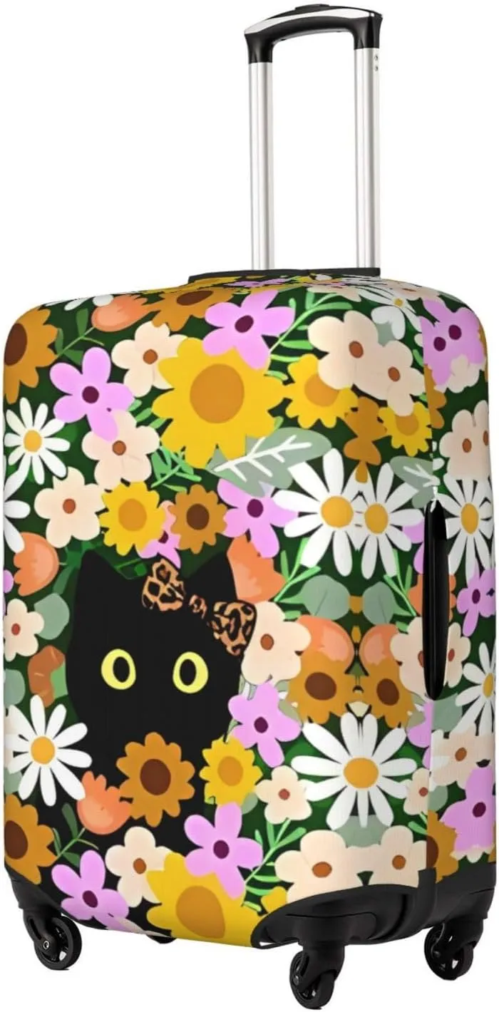Travel Luggage Cover Suitcase Stretch Washable Flowers Black Cat Suitcase Protector Bag,Anti-Scratch With Zipper Closure Baggage Covers,Large