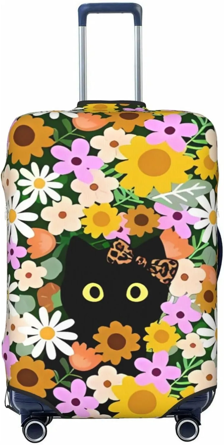 Travel Luggage Cover Suitcase Stretch Washable Flowers Black Cat Suitcase Protector Bag,Anti-Scratch With Zipper Closure Baggage Covers,Large