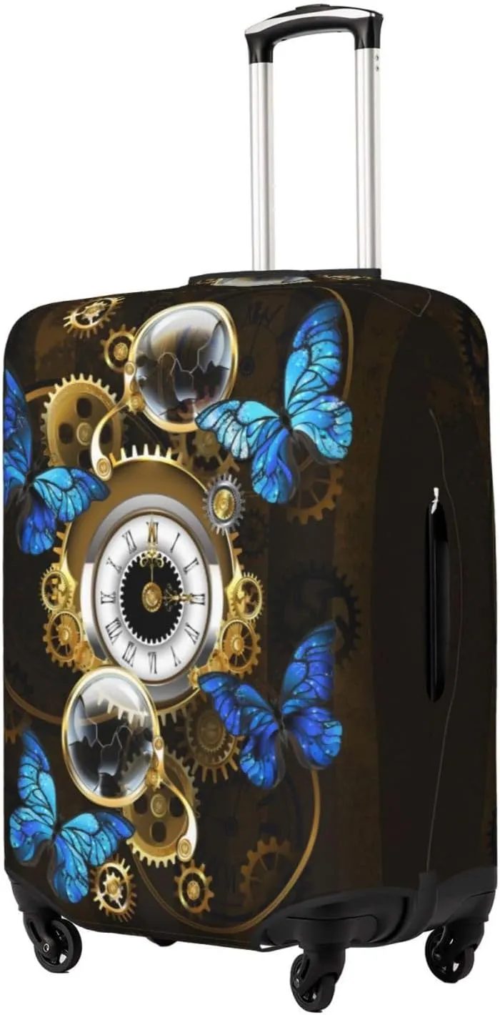 Travel Luggage Cover Suitcase Stretch Washable Gears Butterflies Clock Suitcase Protector Bag,Spandex Double-Sided Baggage Covers,X-Large