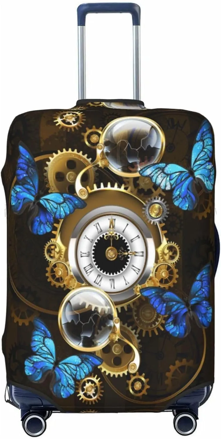 Travel Luggage Cover Suitcase Stretch Washable Gears Butterflies Clock Suitcase Protector Bag,Spandex Double-Sided Baggage Covers,X-Large