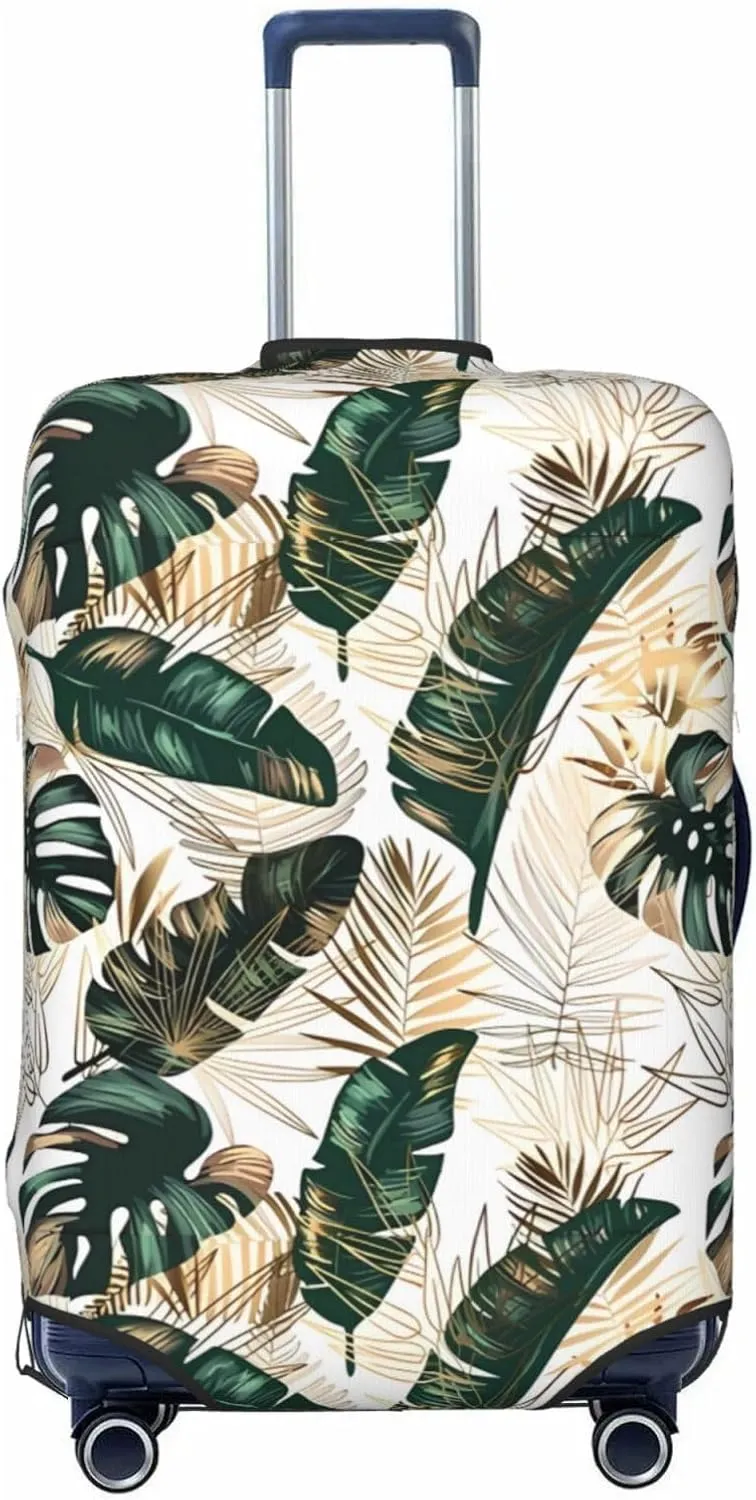 Travel Luggage Cover Suitcase Stretch Washable Golden Green Tropical Leaves Suitcase Protector Bag,Anti-Scratch Double-Sided Baggage Covers,X-Large