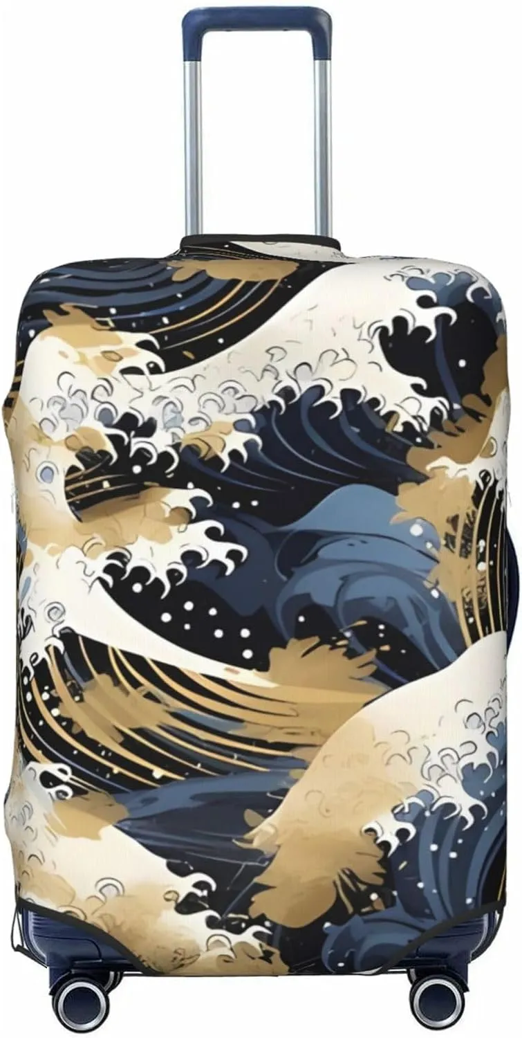Travel Luggage Cover Suitcase Stretch Washable Japanese Waves Blue Gold Suitcase Protector Bag,Dust-Proof Double-Sided Baggage Covers,Medium
