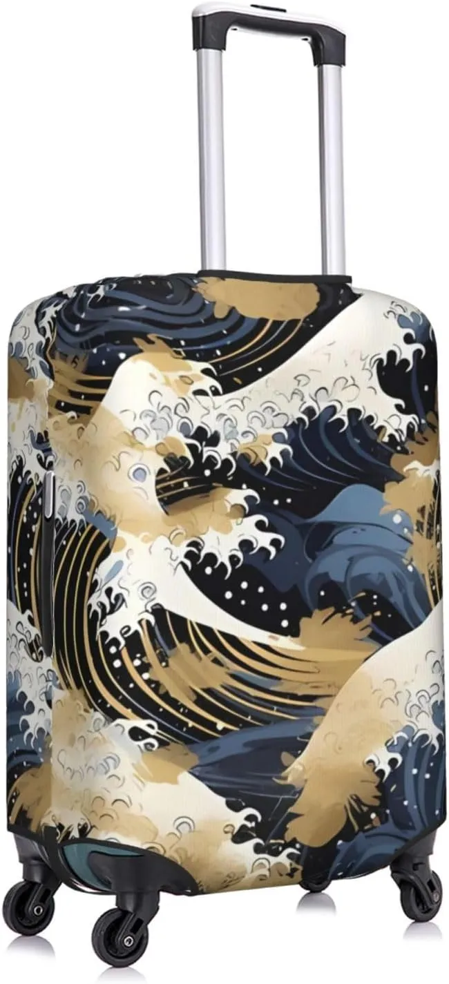 Travel Luggage Cover Suitcase Stretch Washable Japanese Waves Blue Gold Suitcase Protector Bag,Dust-Proof Double-Sided Baggage Covers,Medium