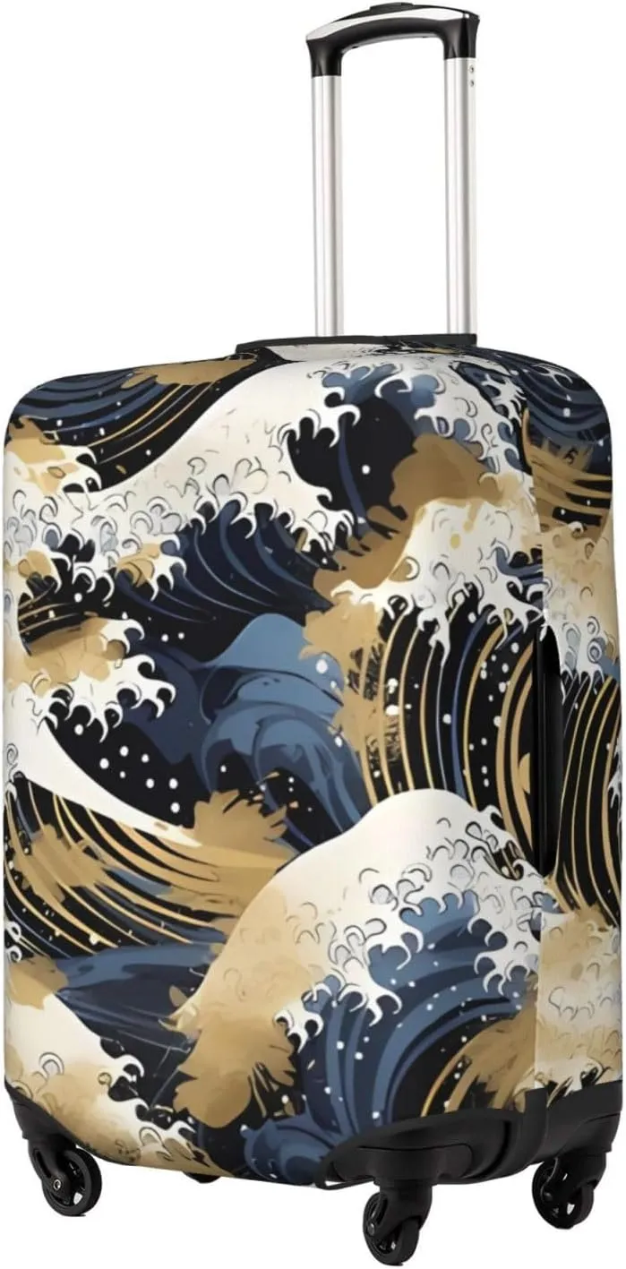 Travel Luggage Cover Suitcase Stretch Washable Japanese Waves Blue Gold Suitcase Protector Bag,Dust-Proof Double-Sided Baggage Covers,Medium