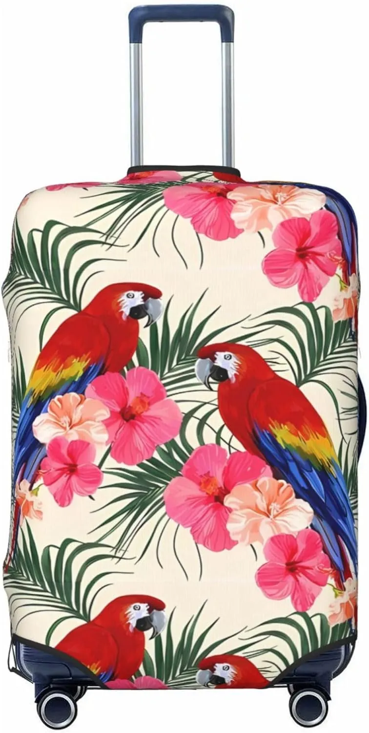 Travel Luggage Cover Suitcase Stretch Washable Tropical Floral Parrots Palm Leaves Suitcase Protector Bag,Dust-Proof Baggage Covers,X-Large