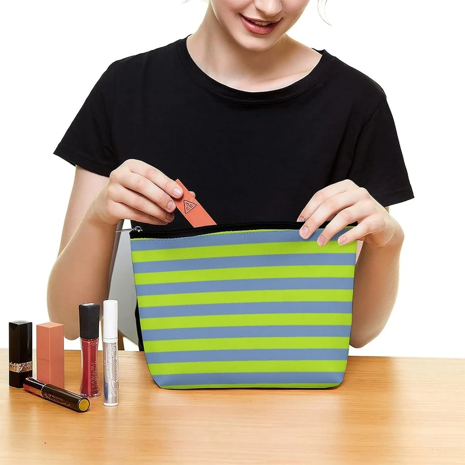 Travel Makeup Bag, Lime Green and Blue Grey Stripes Cosmetic Bags for Women Large Capacity Waterproof Toiletry Pouch Make up Organizer