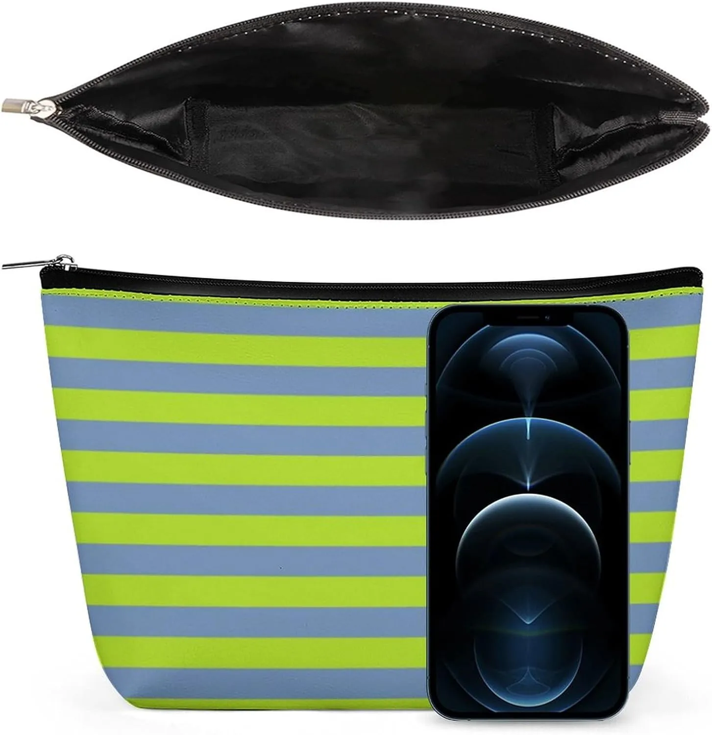 Travel Makeup Bag, Lime Green and Blue Grey Stripes Cosmetic Bags for Women Large Capacity Waterproof Toiletry Pouch Make up Organizer