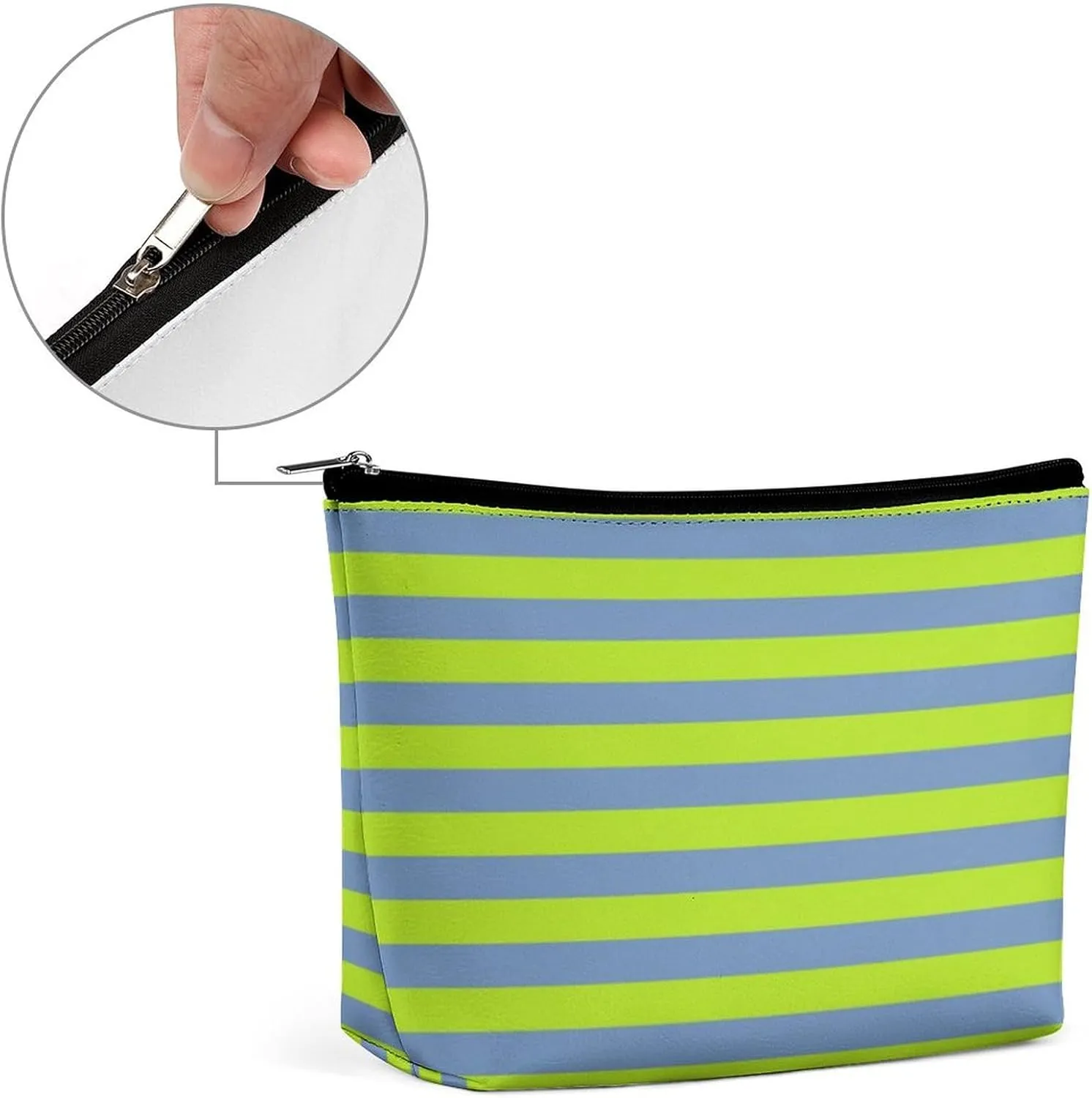 Travel Makeup Bag, Lime Green and Blue Grey Stripes Cosmetic Bags for Women Large Capacity Waterproof Toiletry Pouch Make up Organizer