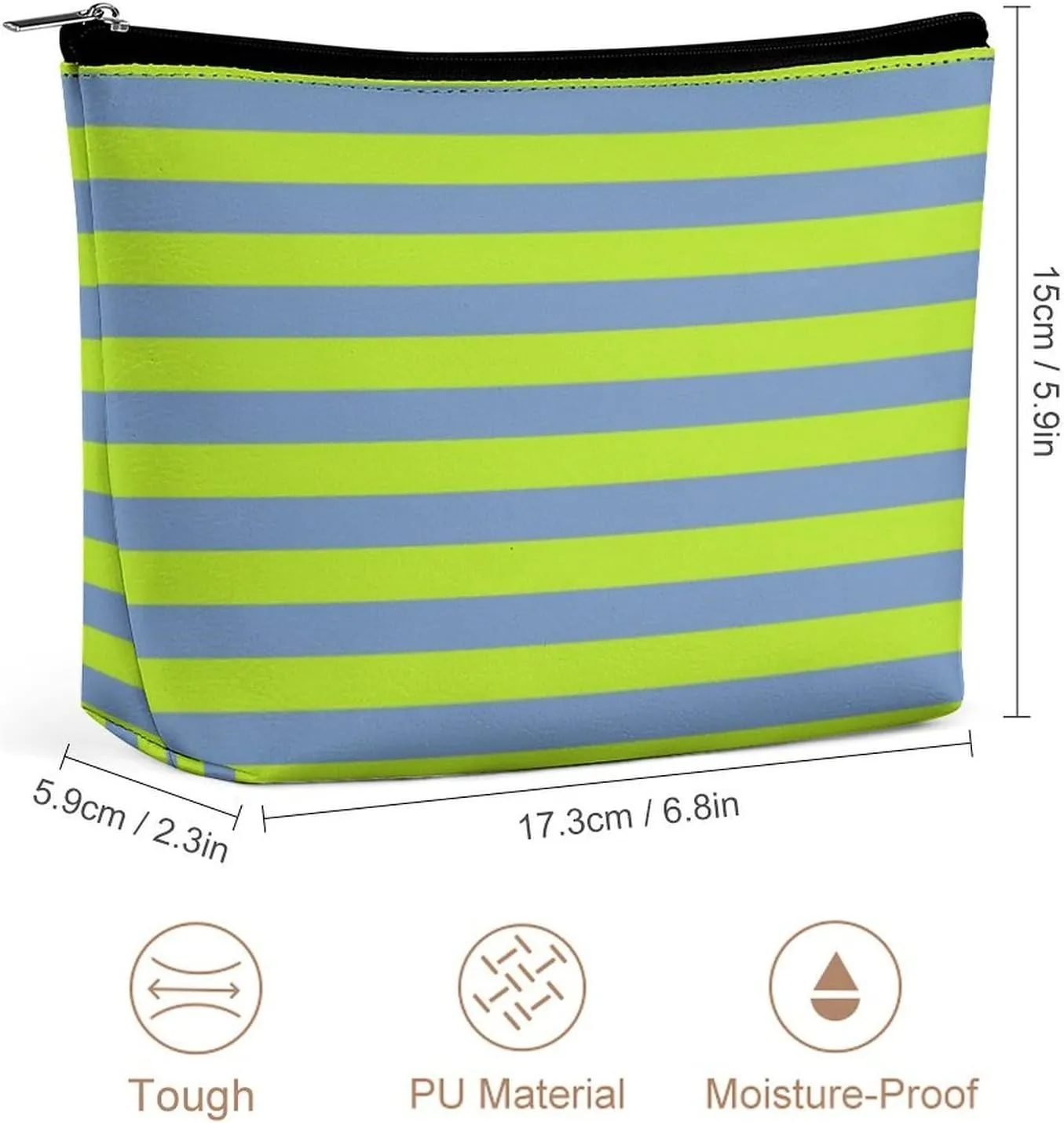 Travel Makeup Bag, Lime Green and Blue Grey Stripes Cosmetic Bags for Women Large Capacity Waterproof Toiletry Pouch Make up Organizer