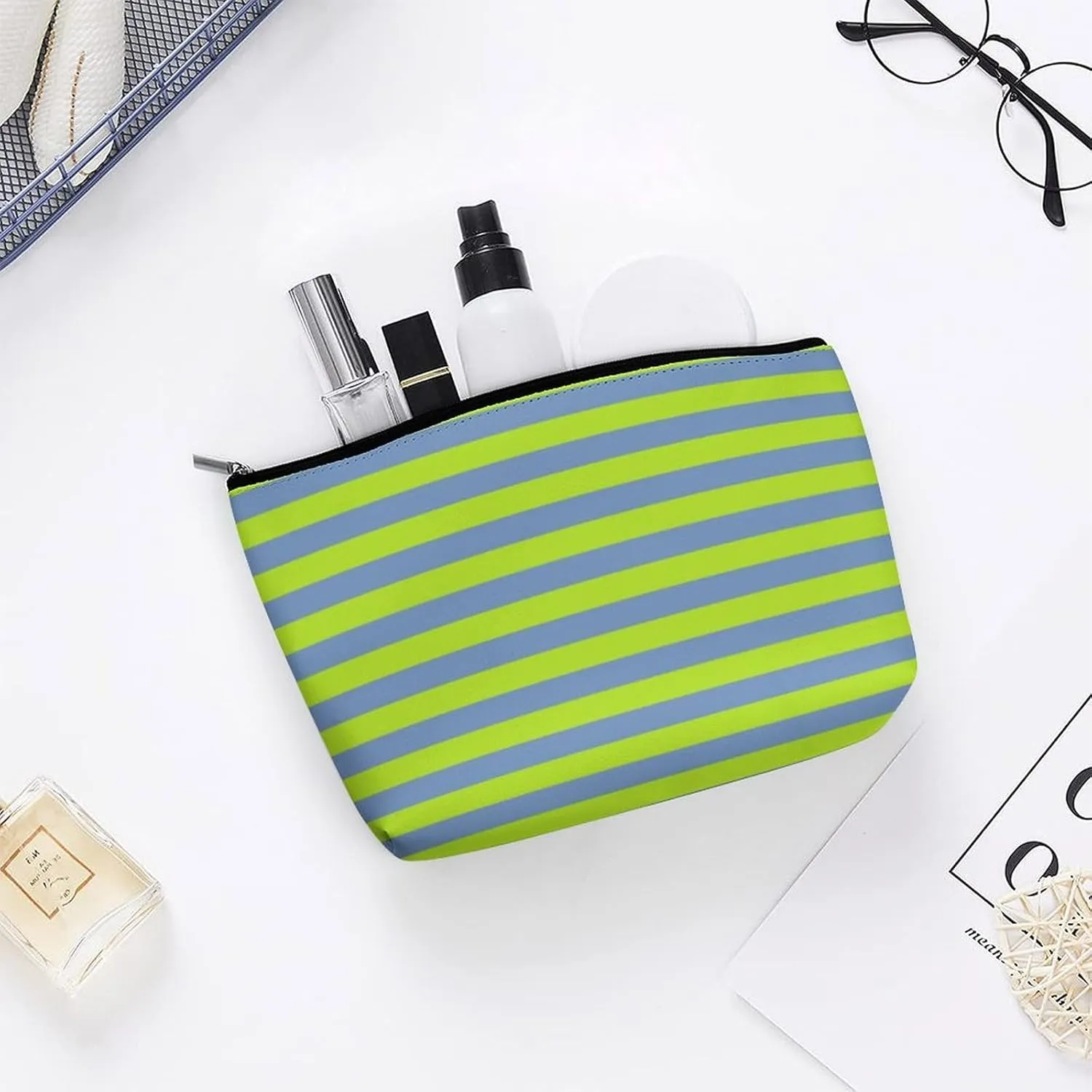 Travel Makeup Bag, Lime Green and Blue Grey Stripes Cosmetic Bags for Women Large Capacity Waterproof Toiletry Pouch Make up Organizer
