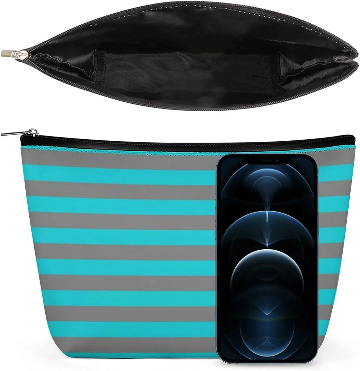 Travel Makeup Bag, Turquoise and Charcoal Grey Stripes Cosmetic Bags for Women Large Capacity Waterproof Toiletry Pouch Make up Organizer