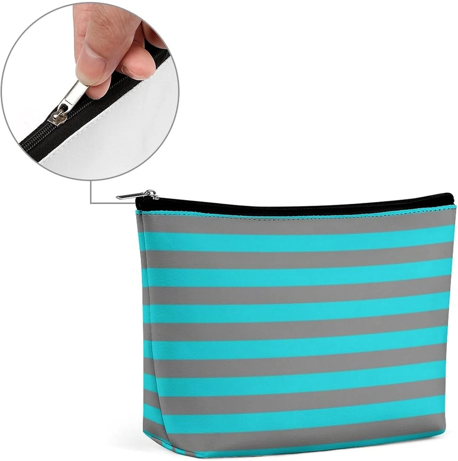 Travel Makeup Bag, Turquoise and Charcoal Grey Stripes Cosmetic Bags for Women Large Capacity Waterproof Toiletry Pouch Make up Organizer