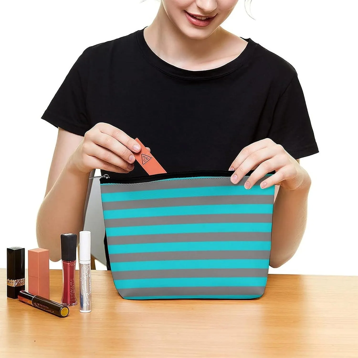 Travel Makeup Bag, Turquoise and Charcoal Grey Stripes Cosmetic Bags for Women Large Capacity Waterproof Toiletry Pouch Make up Organizer