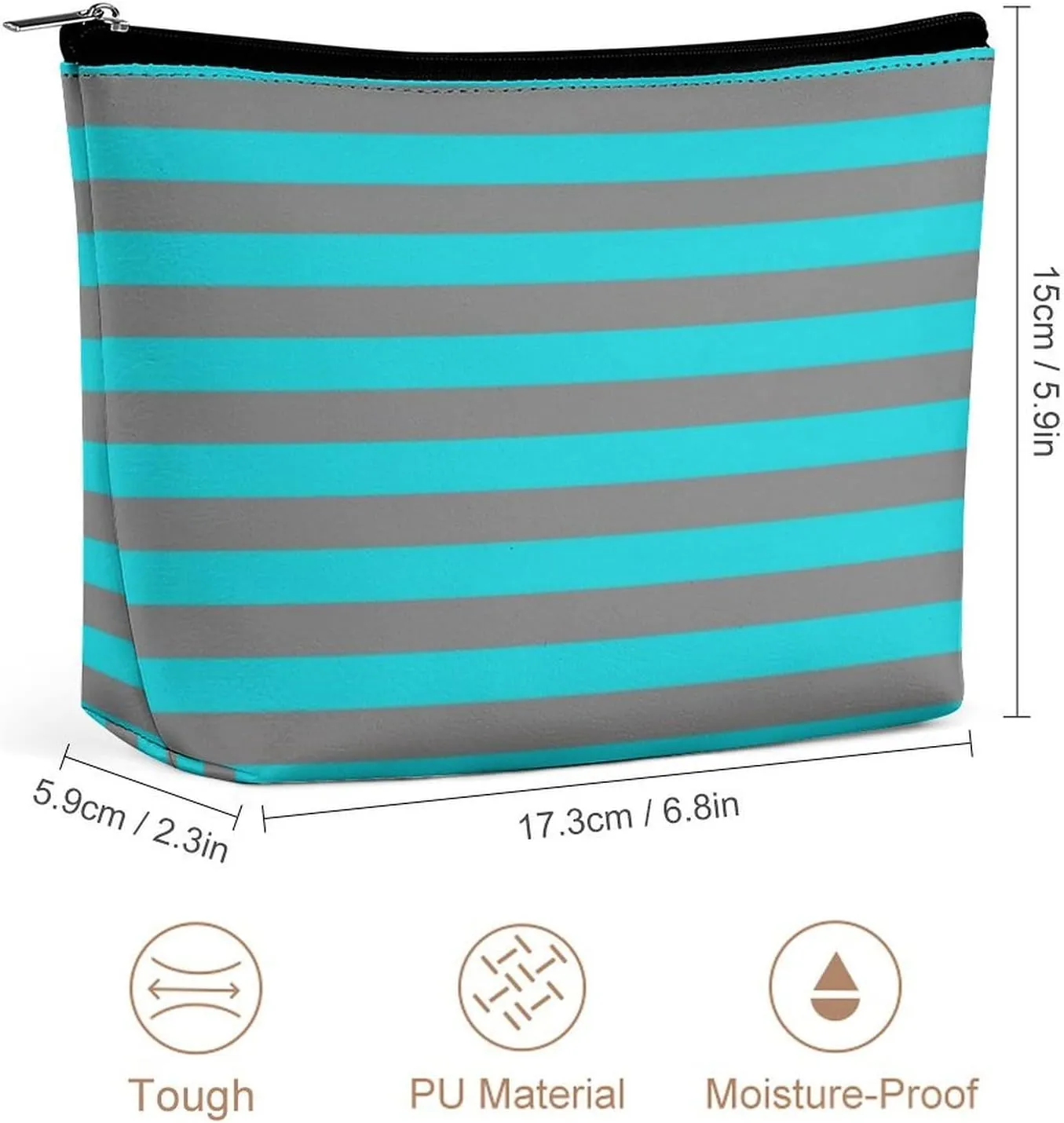 Travel Makeup Bag, Turquoise and Charcoal Grey Stripes Cosmetic Bags for Women Large Capacity Waterproof Toiletry Pouch Make up Organizer