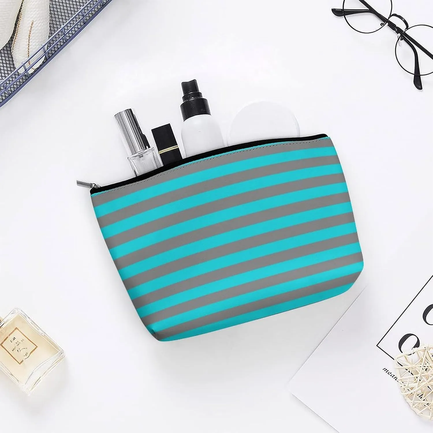 Travel Makeup Bag, Turquoise and Charcoal Grey Stripes Cosmetic Bags for Women Large Capacity Waterproof Toiletry Pouch Make up Organizer
