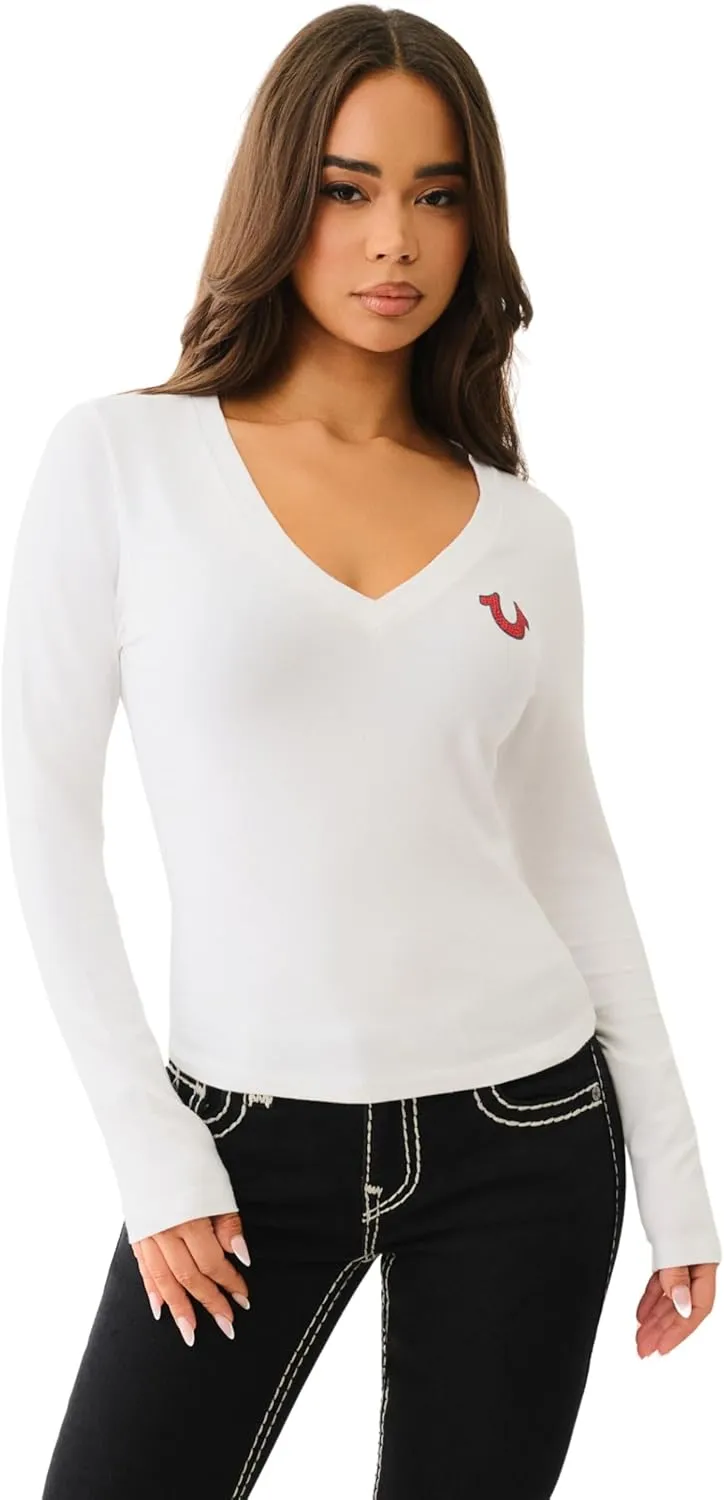 True Religion Women's Crystal Buddha Ls V Neck Tee​