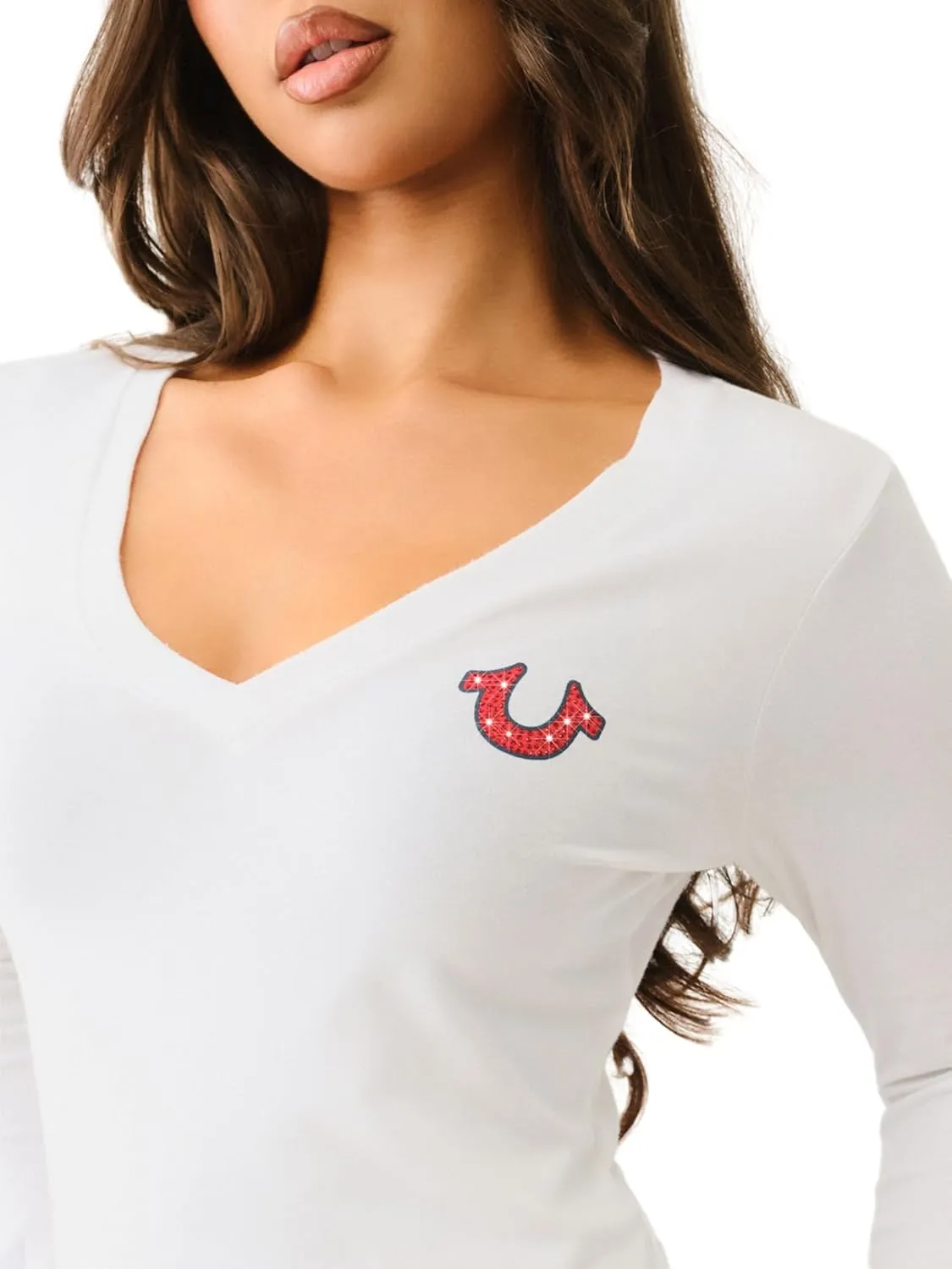 True Religion Women's Crystal Buddha Ls V Neck Tee​