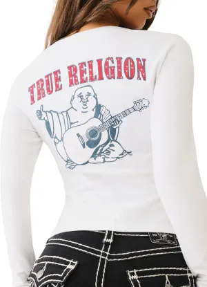 True Religion Women's Crystal Buddha Ls V Neck Tee​