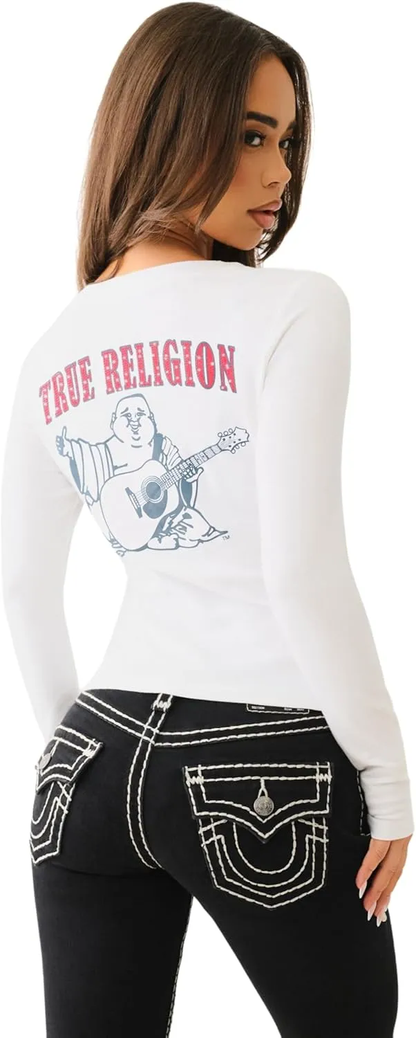 True Religion Women's Crystal Buddha Ls V Neck Tee​