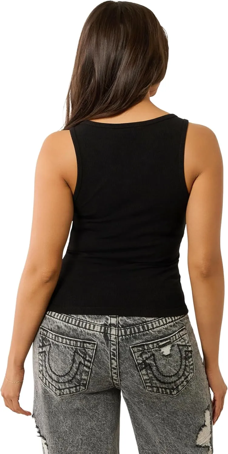 True Religion Women's Crystal TR V Notch Tank | Sleeveless V-Neck Tank Top with Embellished Logo