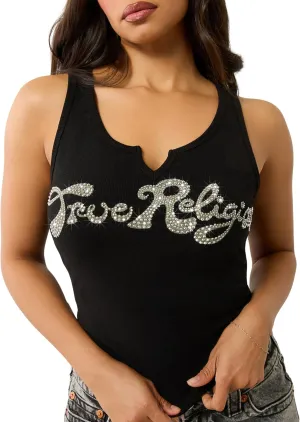 True Religion Women's Crystal TR V Notch Tank | Sleeveless V-Neck Tank Top with Embellished Logo