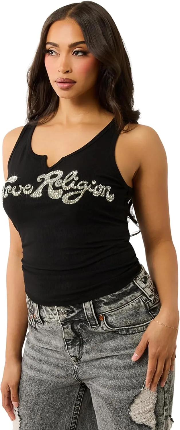 True Religion Women's Crystal TR V Notch Tank | Sleeveless V-Neck Tank Top with Embellished Logo