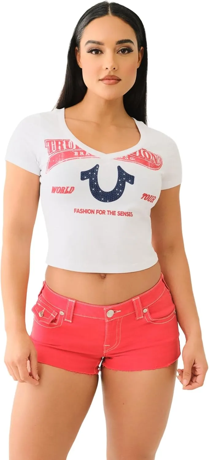 True Religion Women's Distressed Crystal High Shine V-Neck Baby Tee - Casual T-Shirt
