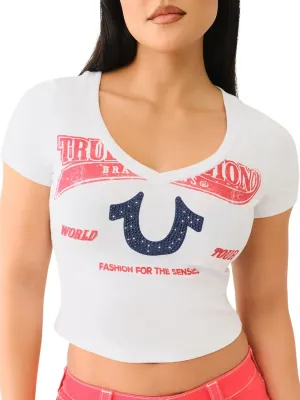 True Religion Women's Distressed Crystal High Shine V-Neck Baby Tee - Casual T-Shirt