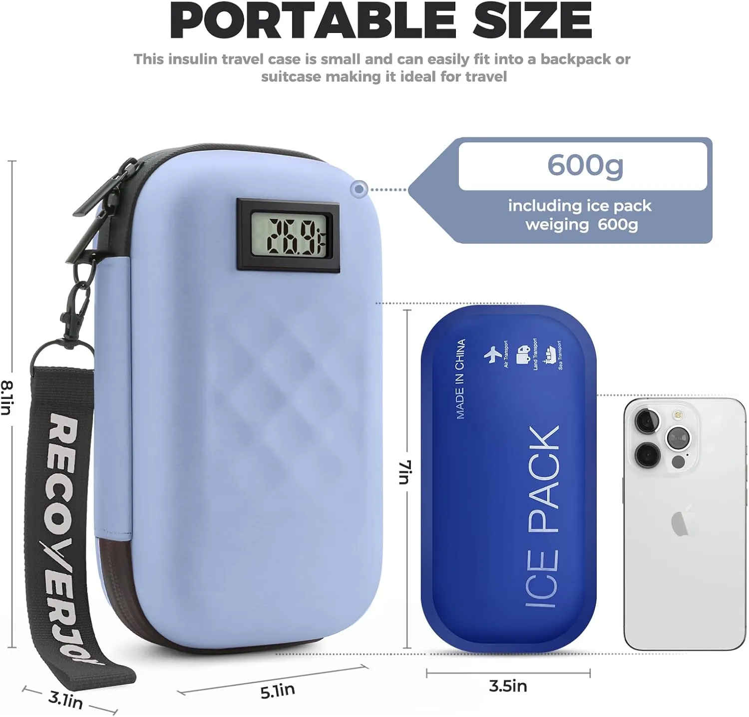 TSA Approved Insulin Cooler Travel Case Diabetic Medication Bag With Thermometer Temperature Display Medication Diabetic Cooler Travel Medicine Organizer Bag for women & 2 Ice Pack-Blue