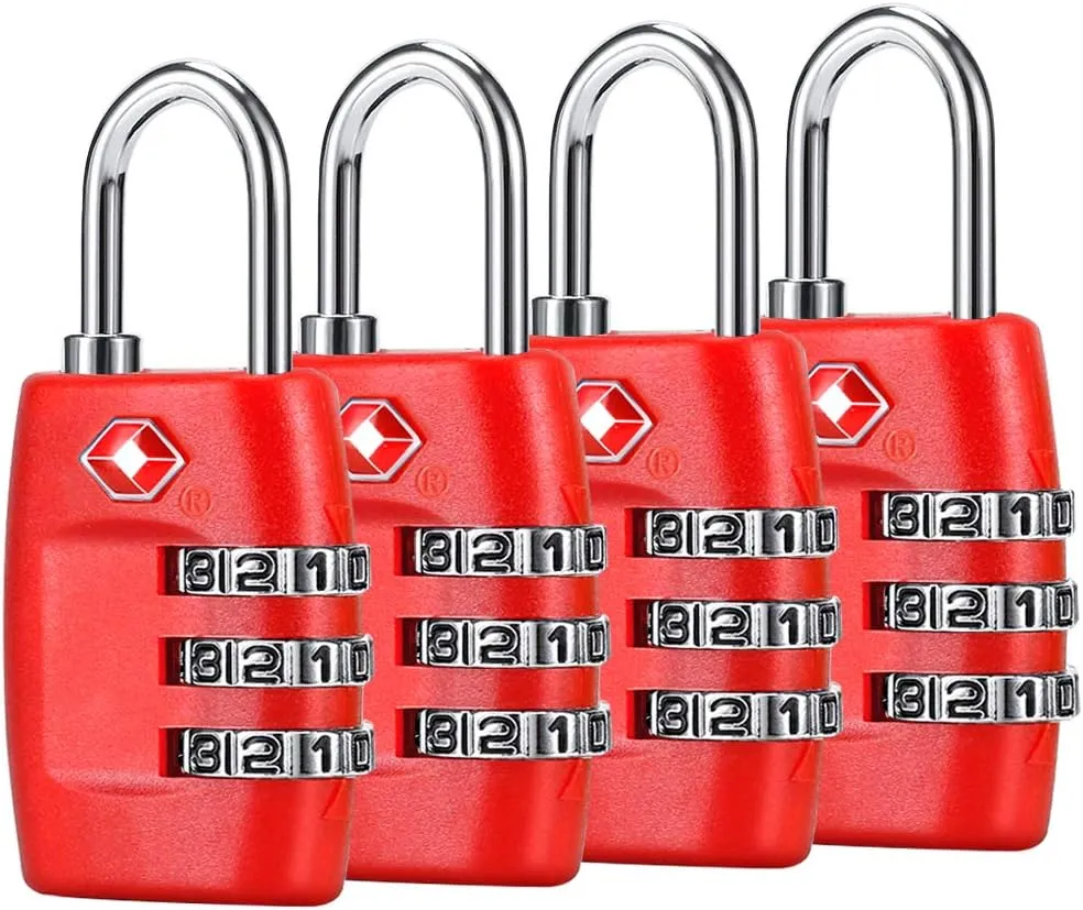 TSA Luggage Locks (4Pack) - 3 Digit Combination Padlocks - Approved Travel Lock for Suitcases & Baggage (Red)
