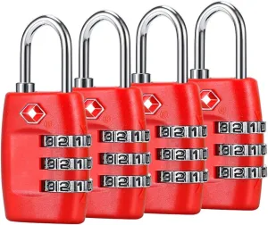 TSA Luggage Locks (4Pack) - 3 Digit Combination Padlocks - Approved Travel Lock for Suitcases & Baggage (Red)