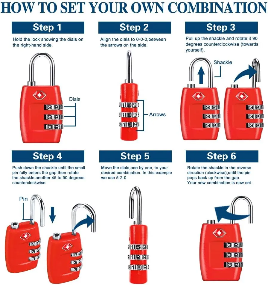 TSA Luggage Locks (4Pack) - 3 Digit Combination Padlocks - Approved Travel Lock for Suitcases & Baggage (Red)