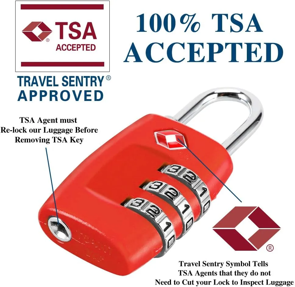 TSA Luggage Locks (4Pack) - 3 Digit Combination Padlocks - Approved Travel Lock for Suitcases & Baggage (Red)