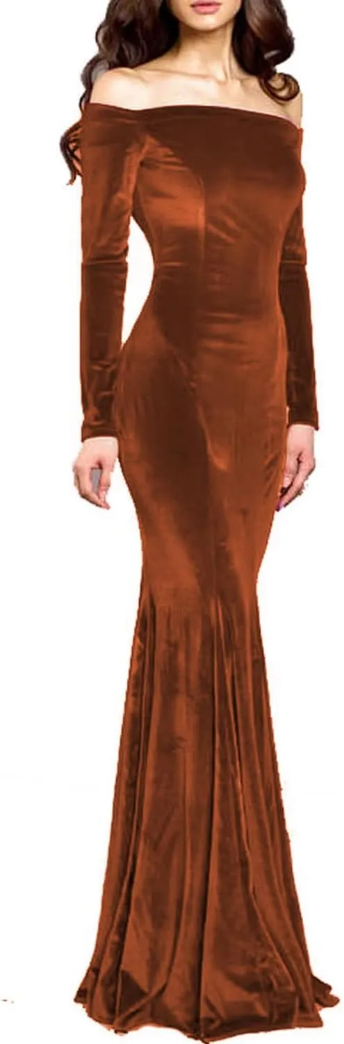 TTYBridal Off The Shoulder Velvet Mermaid Evening Gown Long Prom Party Dresses with Two Sleeves