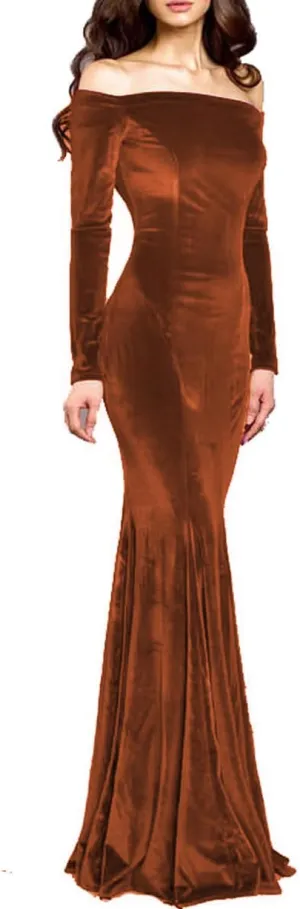TTYBridal Off The Shoulder Velvet Mermaid Evening Gown Long Prom Party Dresses with Two Sleeves