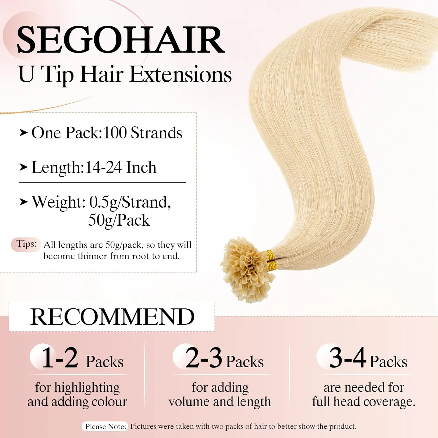 U Tip Hair Extensions Human Hair Pre Bonded Extensions Keratin Fusion Extensions K Tip Hair Extensions Real Human Hair Silky Straight Natural 50g/100 Stands 16" Bleach blonde
