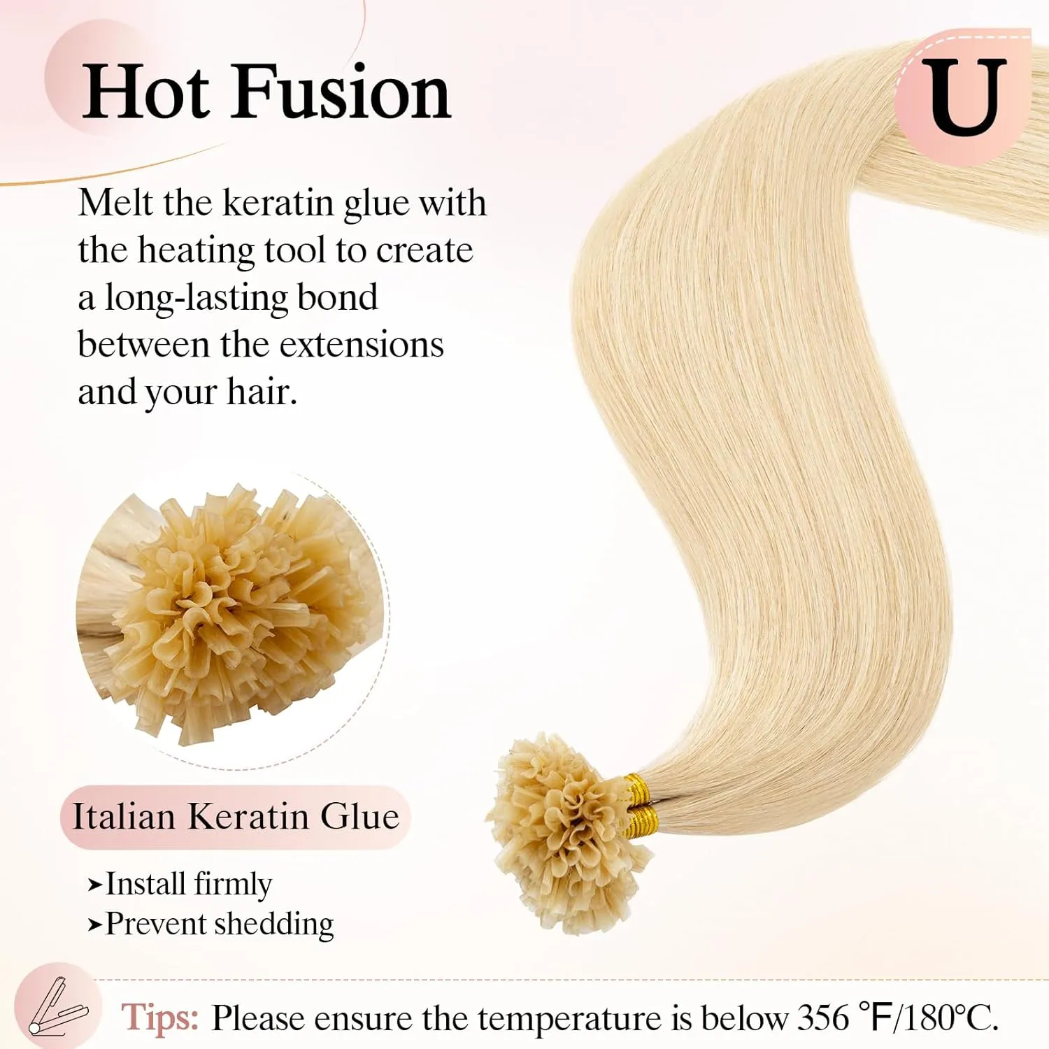 U Tip Hair Extensions Human Hair Pre Bonded Extensions Keratin Fusion Extensions K Tip Hair Extensions Real Human Hair Silky Straight Natural 50g/100 Stands 16" Bleach blonde
