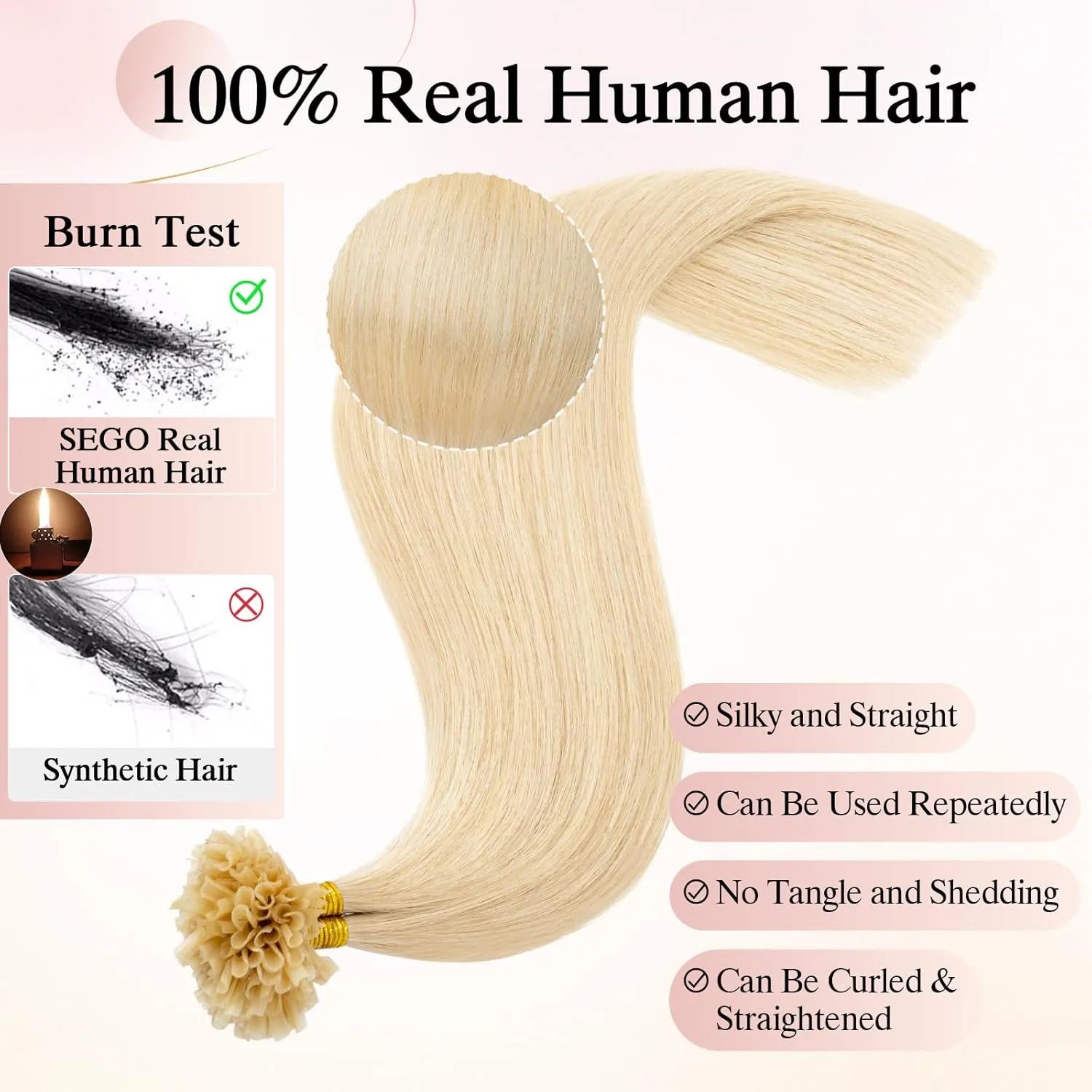 U Tip Hair Extensions Human Hair Pre Bonded Extensions Keratin Fusion Extensions K Tip Hair Extensions Real Human Hair Silky Straight Natural 50g/100 Stands 16" Bleach blonde