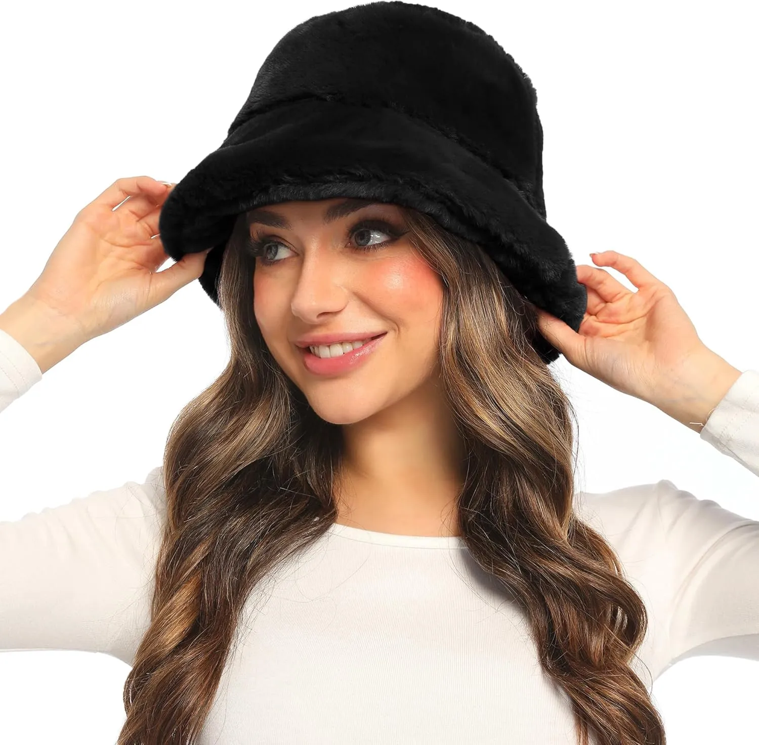 Umeepar Winter Faux Fur Fuzzy Bucket Hat Fluffy Warm Hat for Women Men
