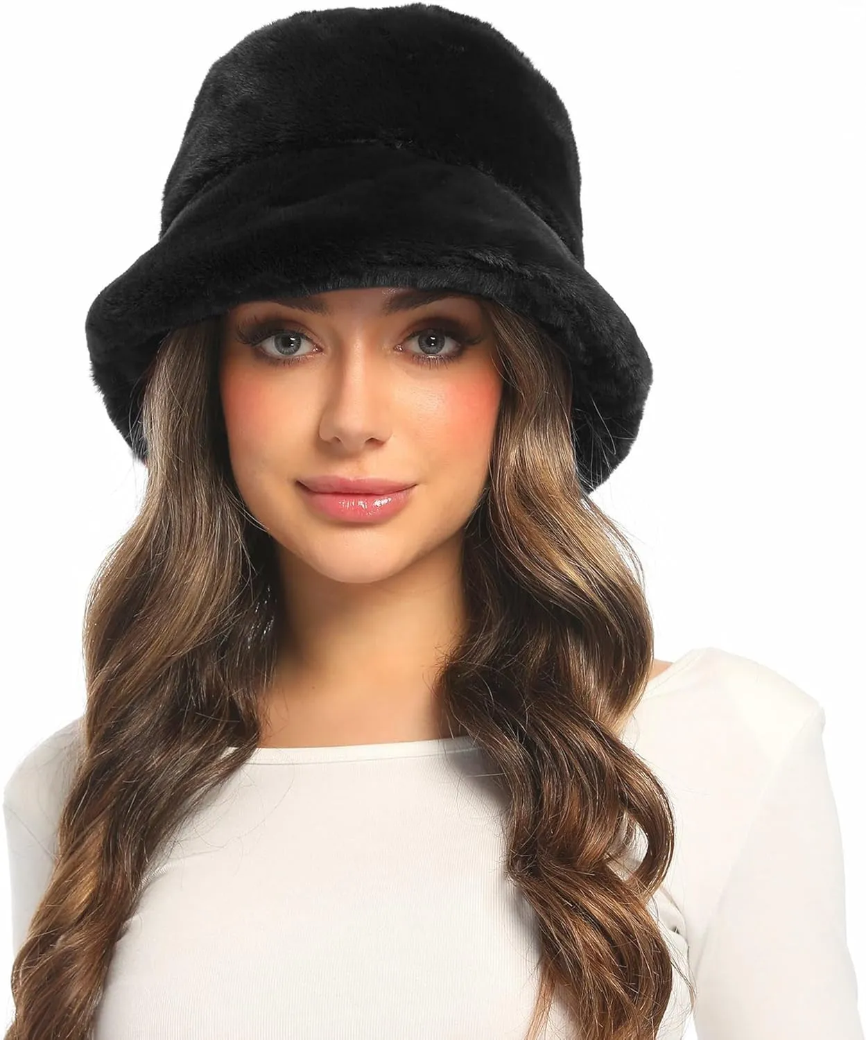 Umeepar Winter Faux Fur Fuzzy Bucket Hat Fluffy Warm Hat for Women Men