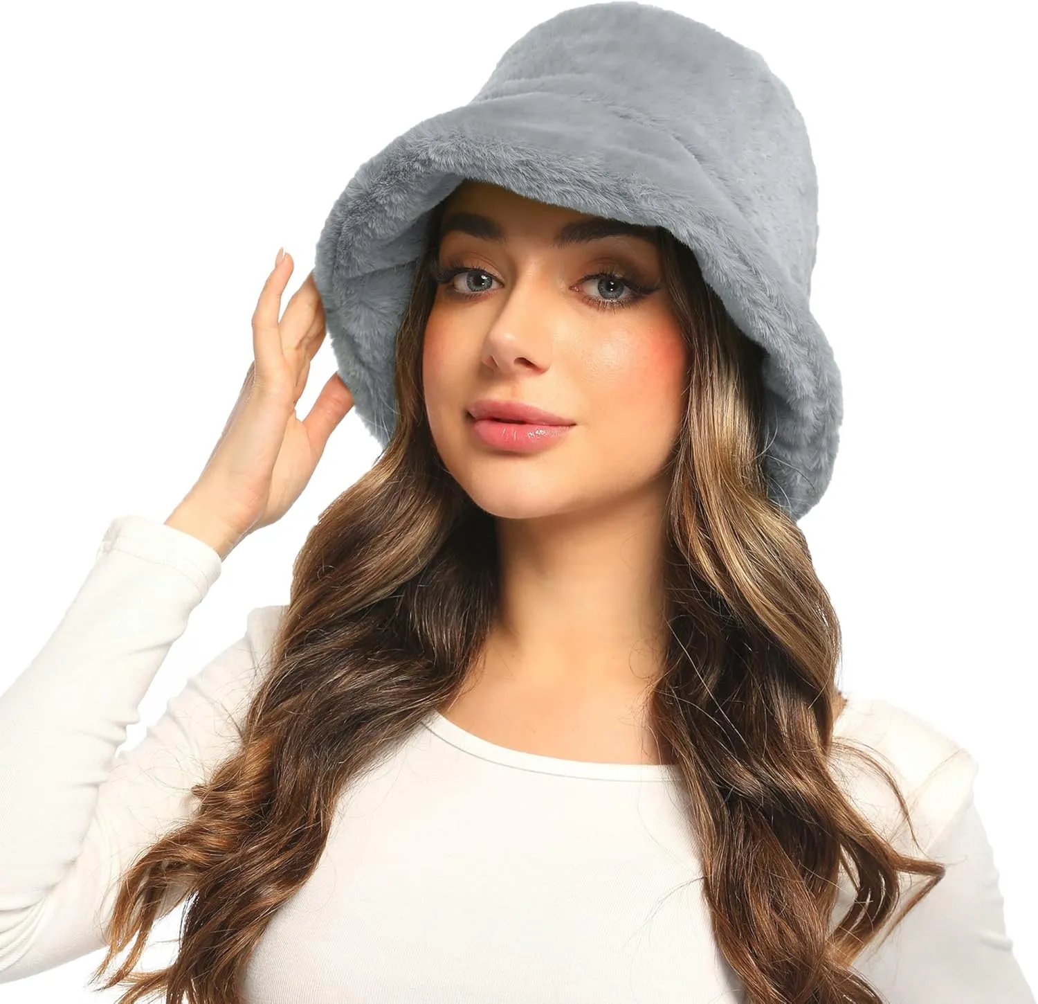 Umeepar Winter Faux Fur Fuzzy Bucket Hat Fluffy Warm Hat for Women Men
