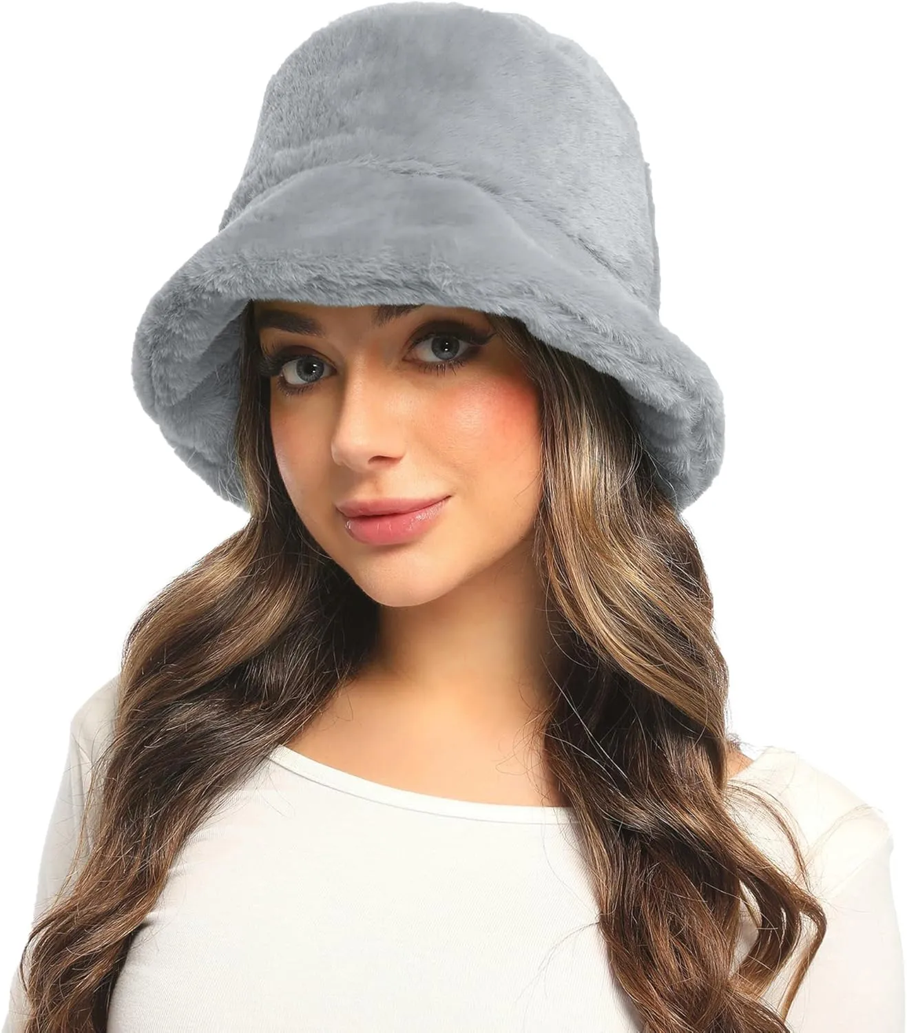 Umeepar Winter Faux Fur Fuzzy Bucket Hat Fluffy Warm Hat for Women Men