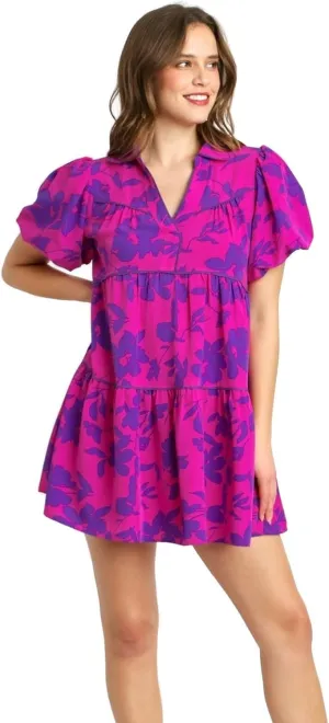 Umgee Two Tone Floral Print Dress, Magenta