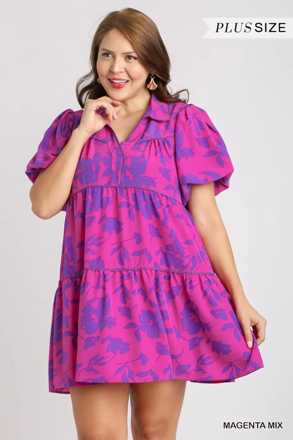 Umgee Two Tone Floral Print Dress, Magenta