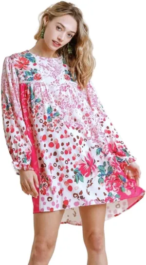 Umgee Women's Mixed Print Crochet Ruffle Dress